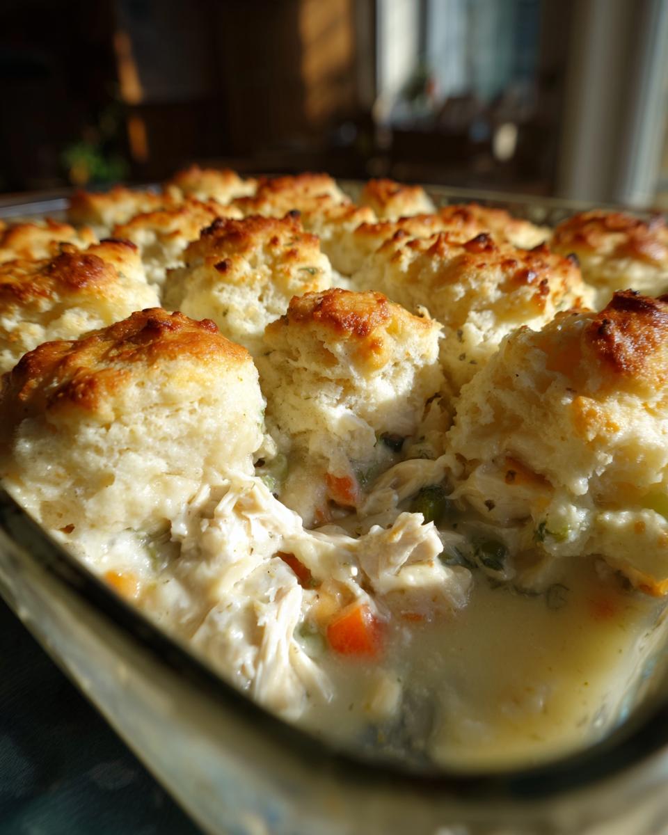 Close-up of a glass baking dish filled with creamy chicken pot filling and topped with golden brown biscuits.