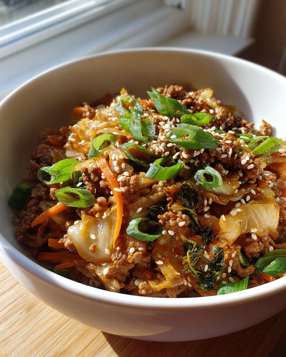A close-up of a white bowl filled with savory egg roll in a bowl mixture, topped with sesame seeds and green onions.