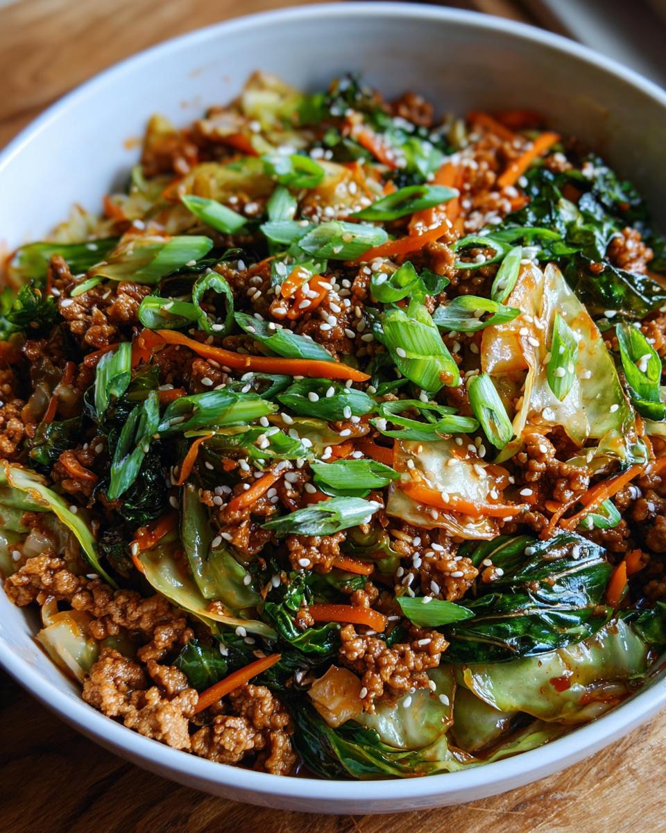 Close-up of a bowl filled with savory egg roll in a bowl mixture, topped with green onions and sesame seeds.