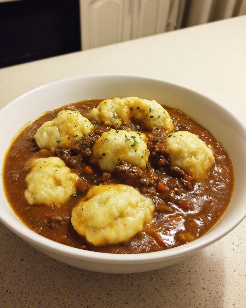 A white bowl filled with rich, savory ground beef and dumplings, garnished with parsley.