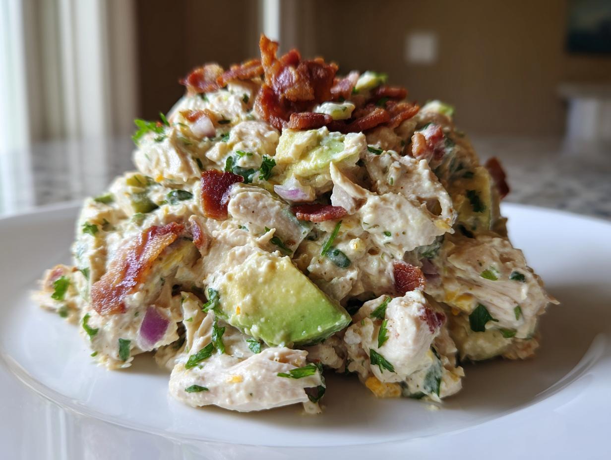 A mound of creamy honey mustard chicken salad mixed with chunks of avocado, red onion, and topped with crispy bacon pieces.