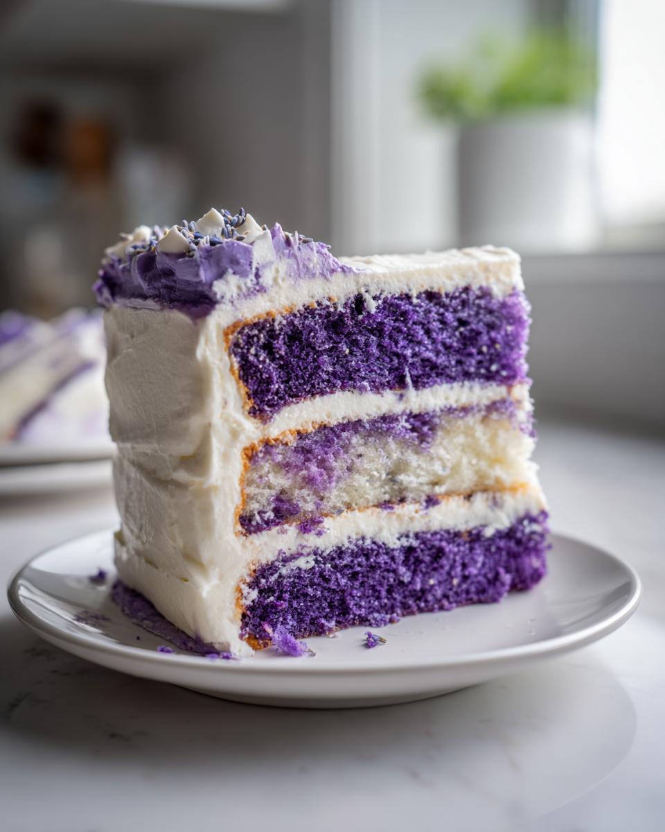 A tall slice of amazing lavender cake showing three layers of vibrant purple cake separated by white frosting.