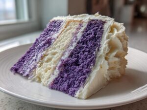 A tall slice of amazing lavender cake featuring alternating layers of purple and white cake with thick white frosting.