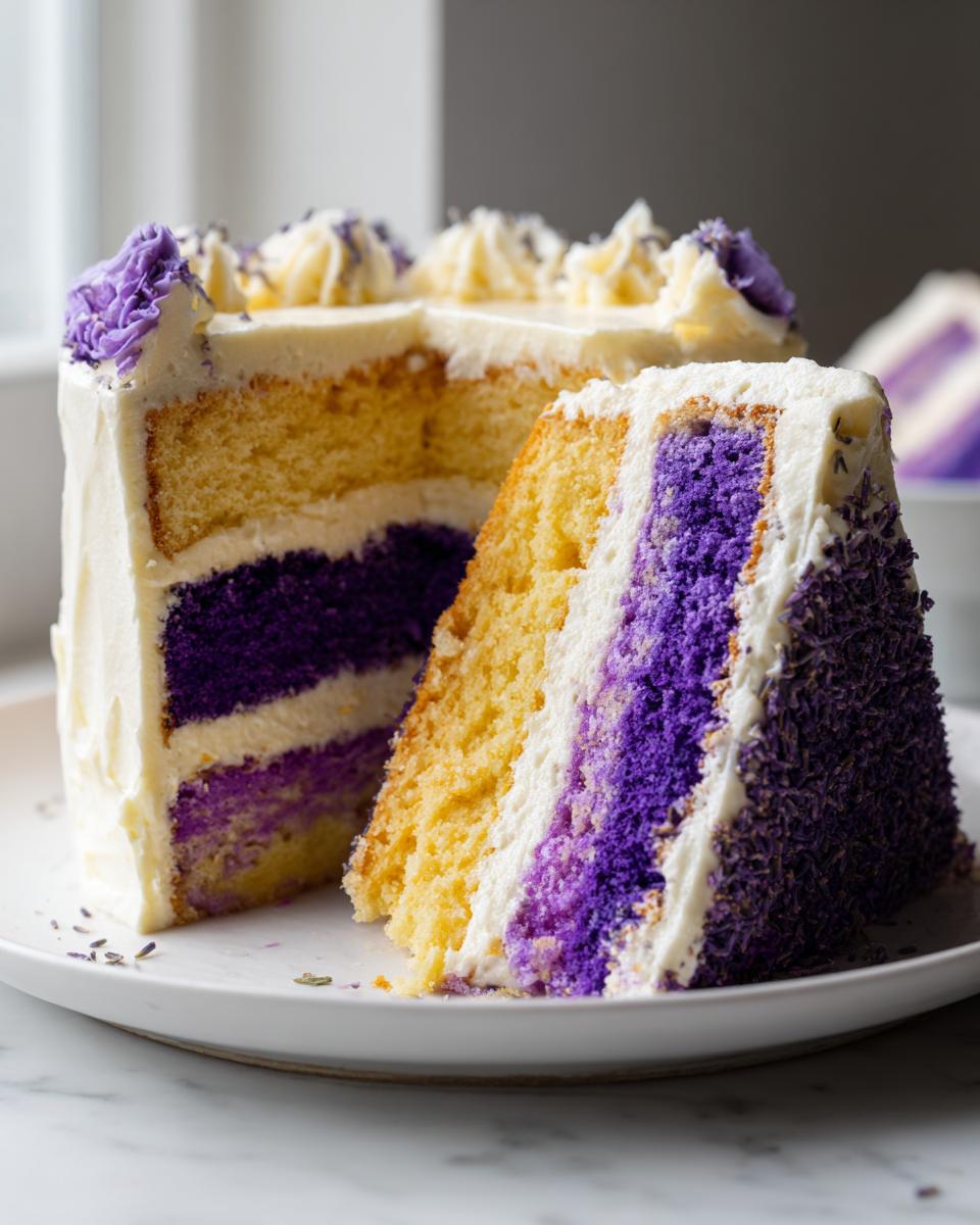 A slice of amazing lavender cake showing yellow and vibrant purple layers, frosted with white icing and decorated with lavender buds.