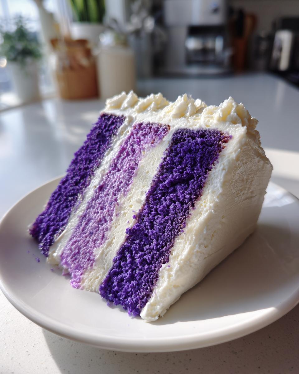 A tall slice of amazing lavender cake showing vibrant purple layers alternating with white frosting.