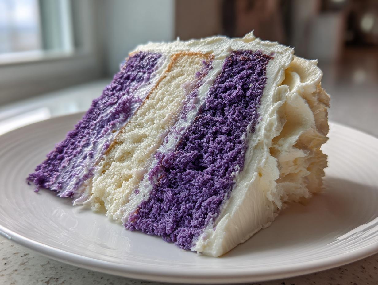 A tall slice of amazing lavender cake featuring alternating layers of purple and white cake with thick white frosting.