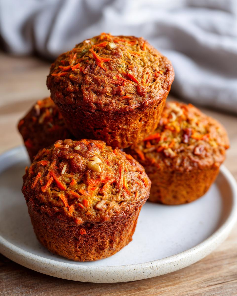 A close-up stack of four golden brown morning glory muffins topped with shredded carrots and walnuts.