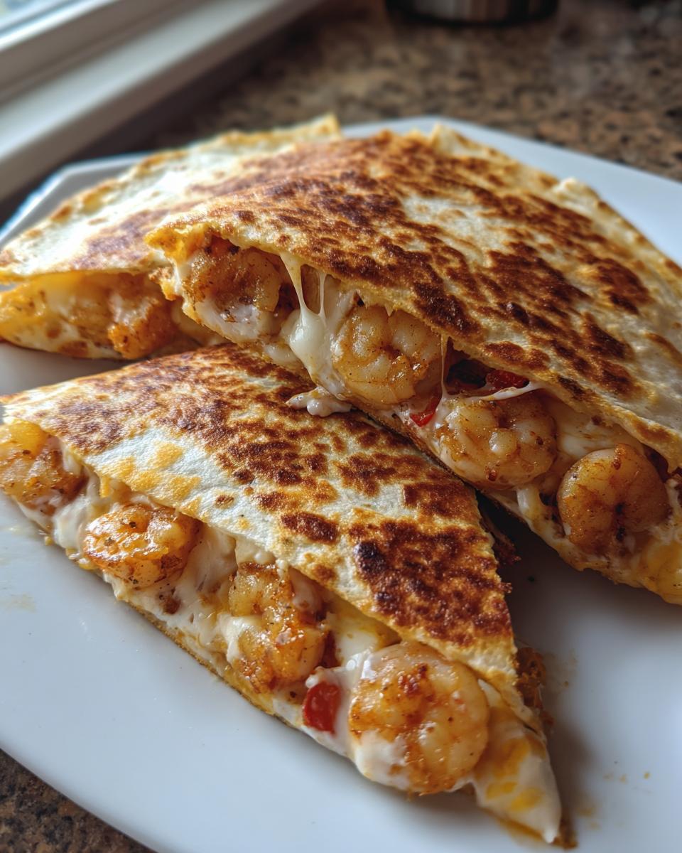 Close-up of a perfectly grilled shrimp quesadilla cut into wedges, showing melted cheese and seasoned shrimp.