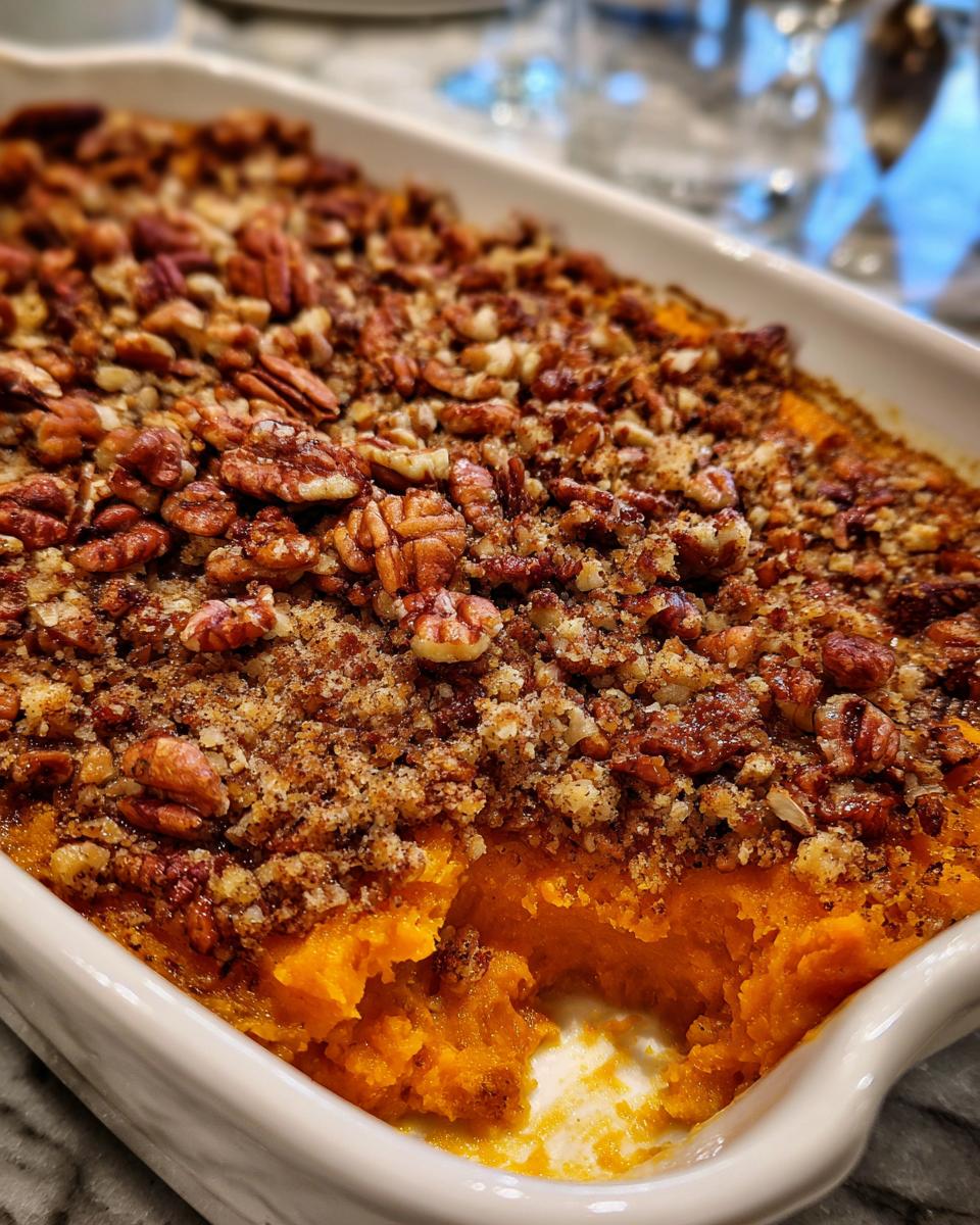 Close-up of a rich, orange southern sweet potato casserole topped with a thick layer of crunchy pecans and brown sugar crumble.