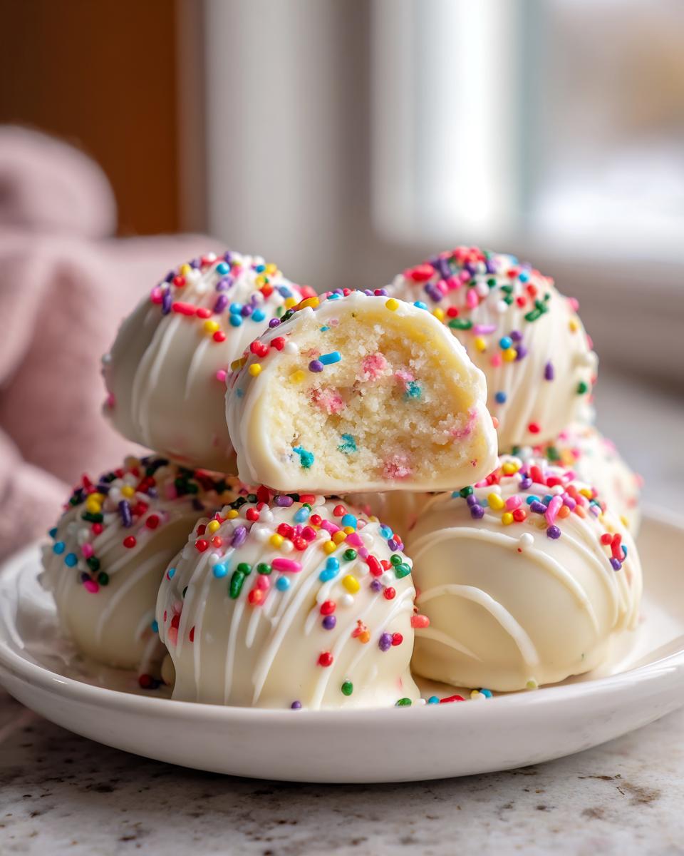 A stack of white chocolate-covered sugar cookie truffles topped with rainbow sprinkles, one cut open to show the interior.