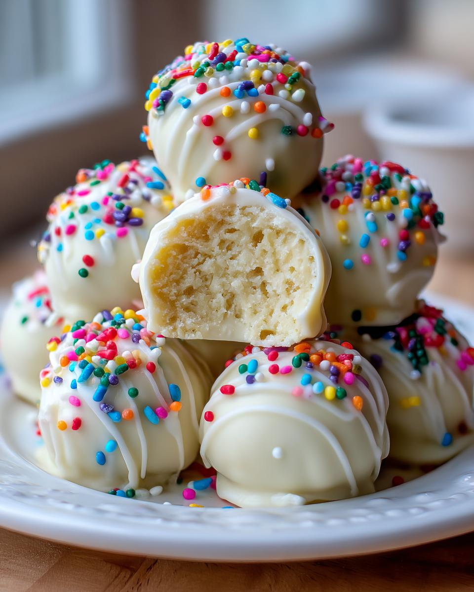 A stack of white chocolate-coated sugar cookie truffles topped with colorful sprinkles, one is cut open showing the soft interior.