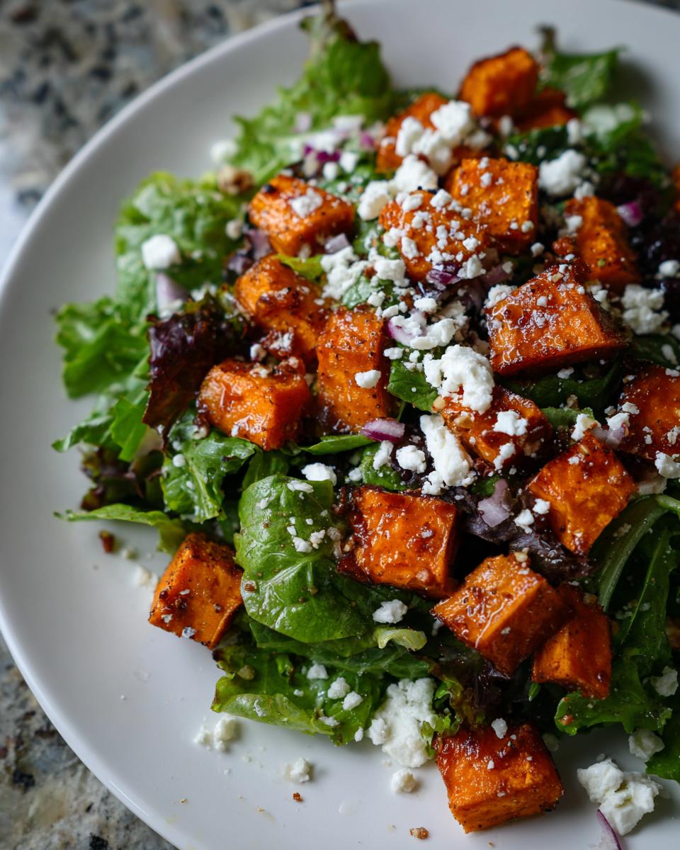Close-up of a vibrant sweet potato salad featuring glazed sweet potato cubes, mixed greens, crumbled feta cheese, and red onion.