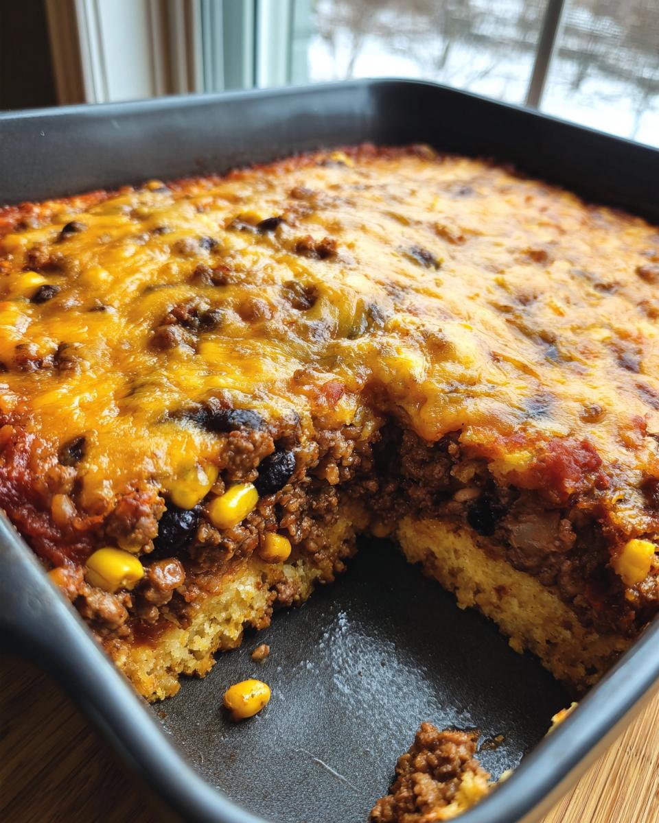 A square baking dish filled with a freshly baked tamale pie, showing a cross-section revealing the cornbread base and savory meat filling topped with melted cheese.