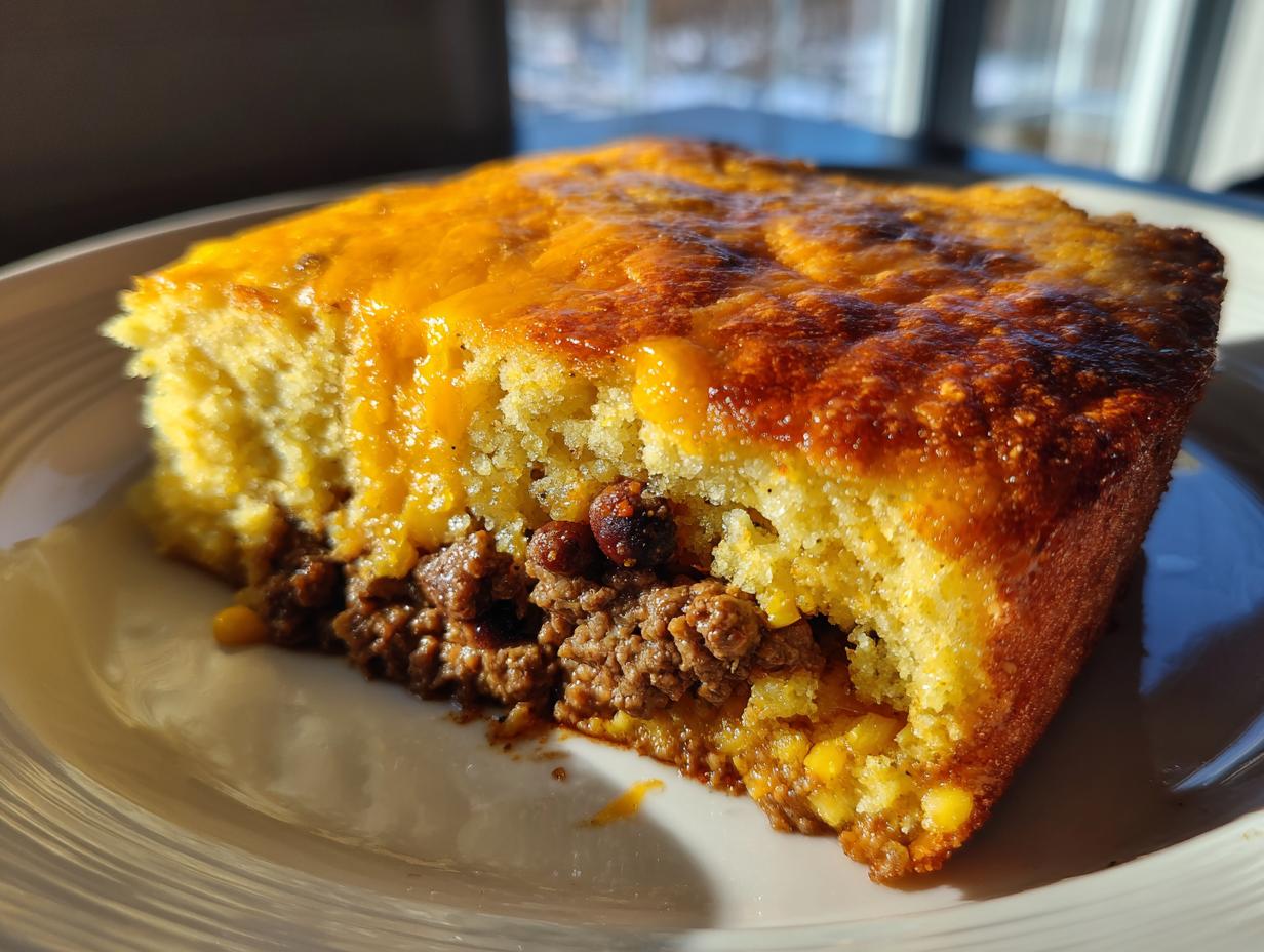 Close-up of a square slice of amazing tamale pie showing a savory meat filling topped with golden cornbread and melted cheddar cheese.
