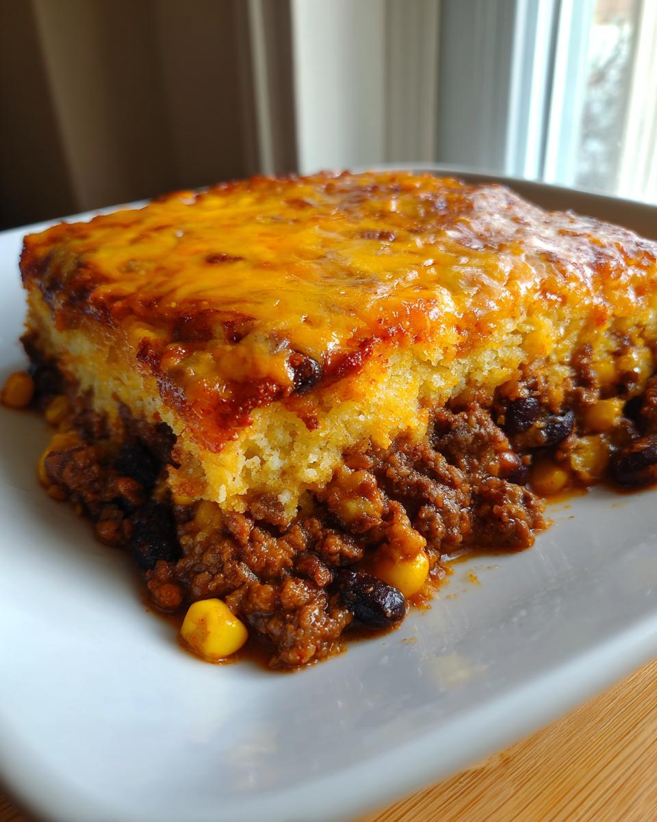A close-up of a hearty slice of tamale pie featuring a thick layer of seasoned ground beef, black beans, and corn, topped with melted cheddar cheese.
