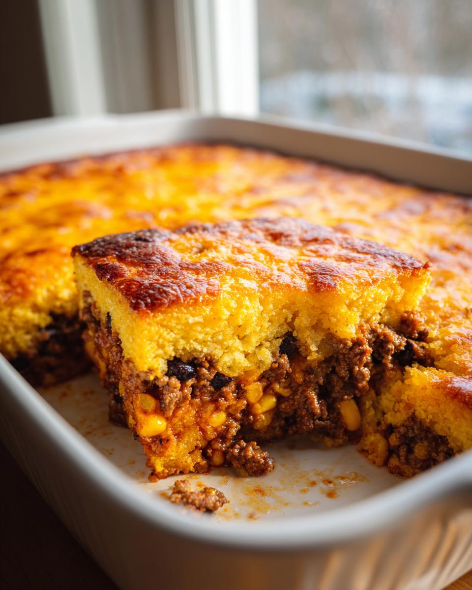 A square slice of tamale pie showing the savory meat and corn filling topped with golden cornbread.