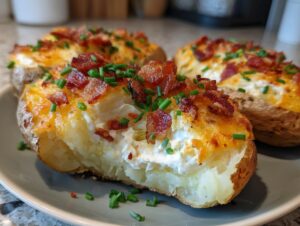 Close-up of a delicious twice baked potato, stuffed with creamy filling, topped with melted cheese, bacon bits, and fresh chives.