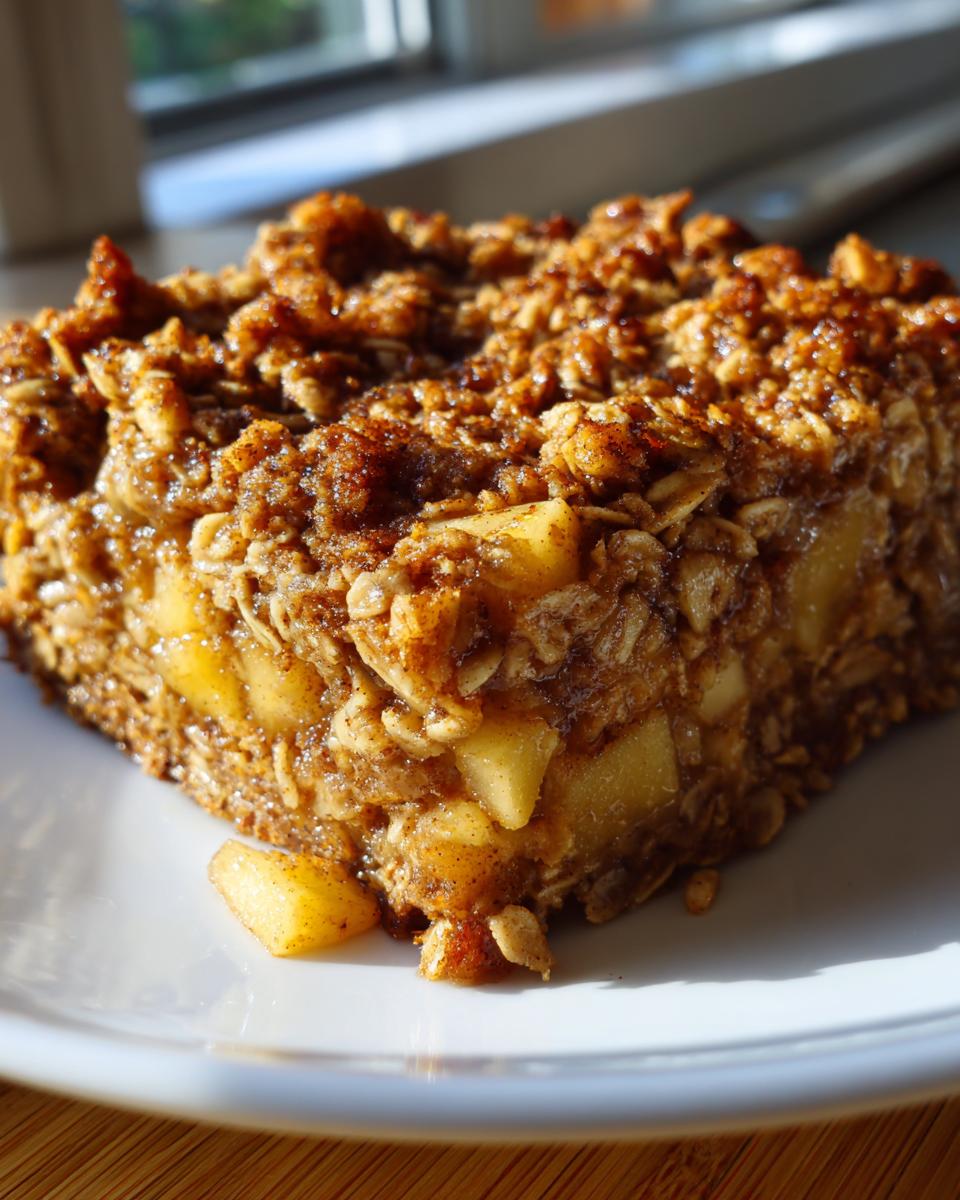 Close-up of a square slice of apple baked oatmeal with a brown, crumbly topping, sitting on a white plate.
