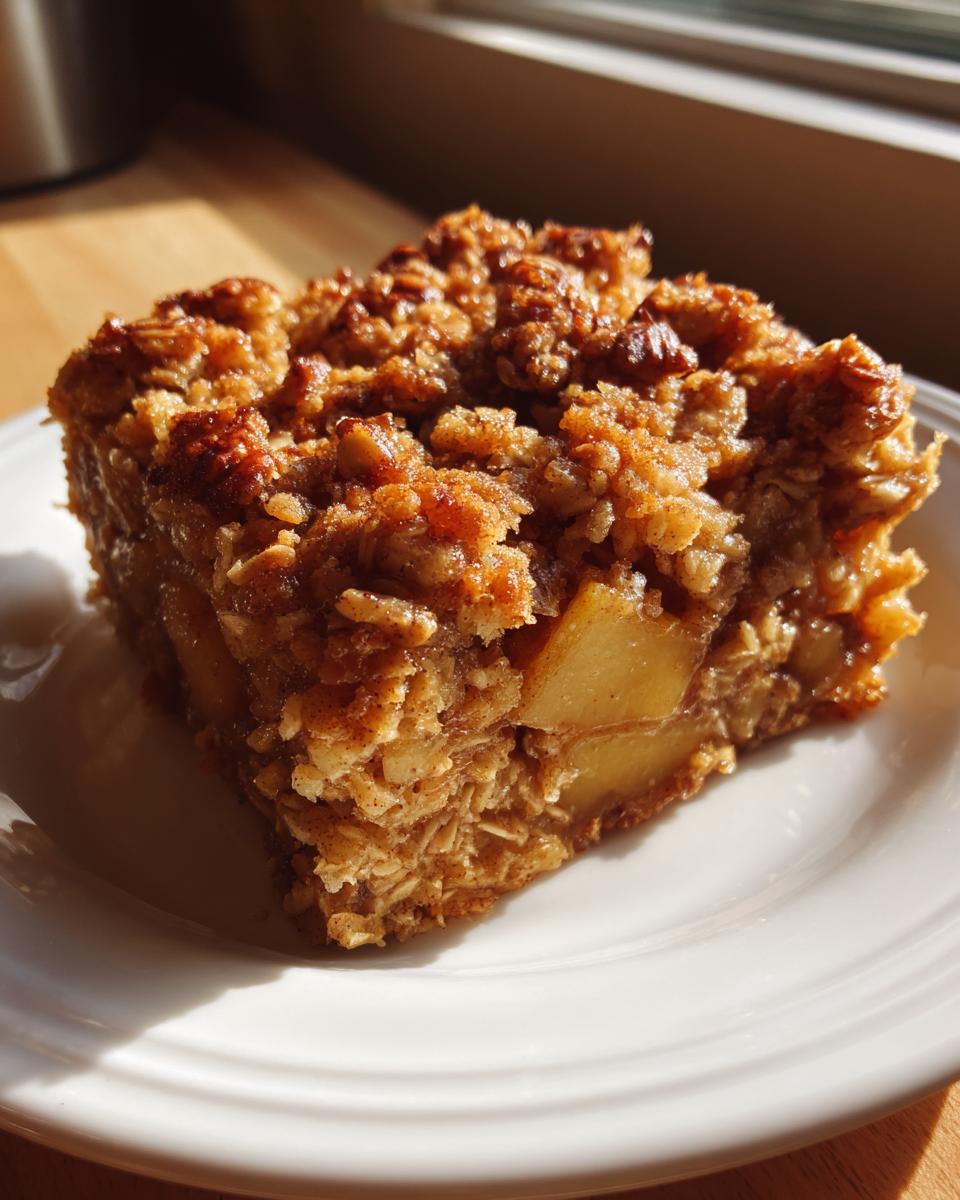A square serving of apple baked oatmeal with a crunchy, cinnamon-spiced topping, sitting on a white plate.