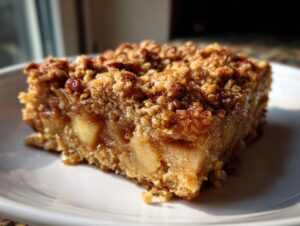 A tempting square of apple baked oatmeal featuring visible chunks of apple and a thick, crunchy cinnamon crumble topping.