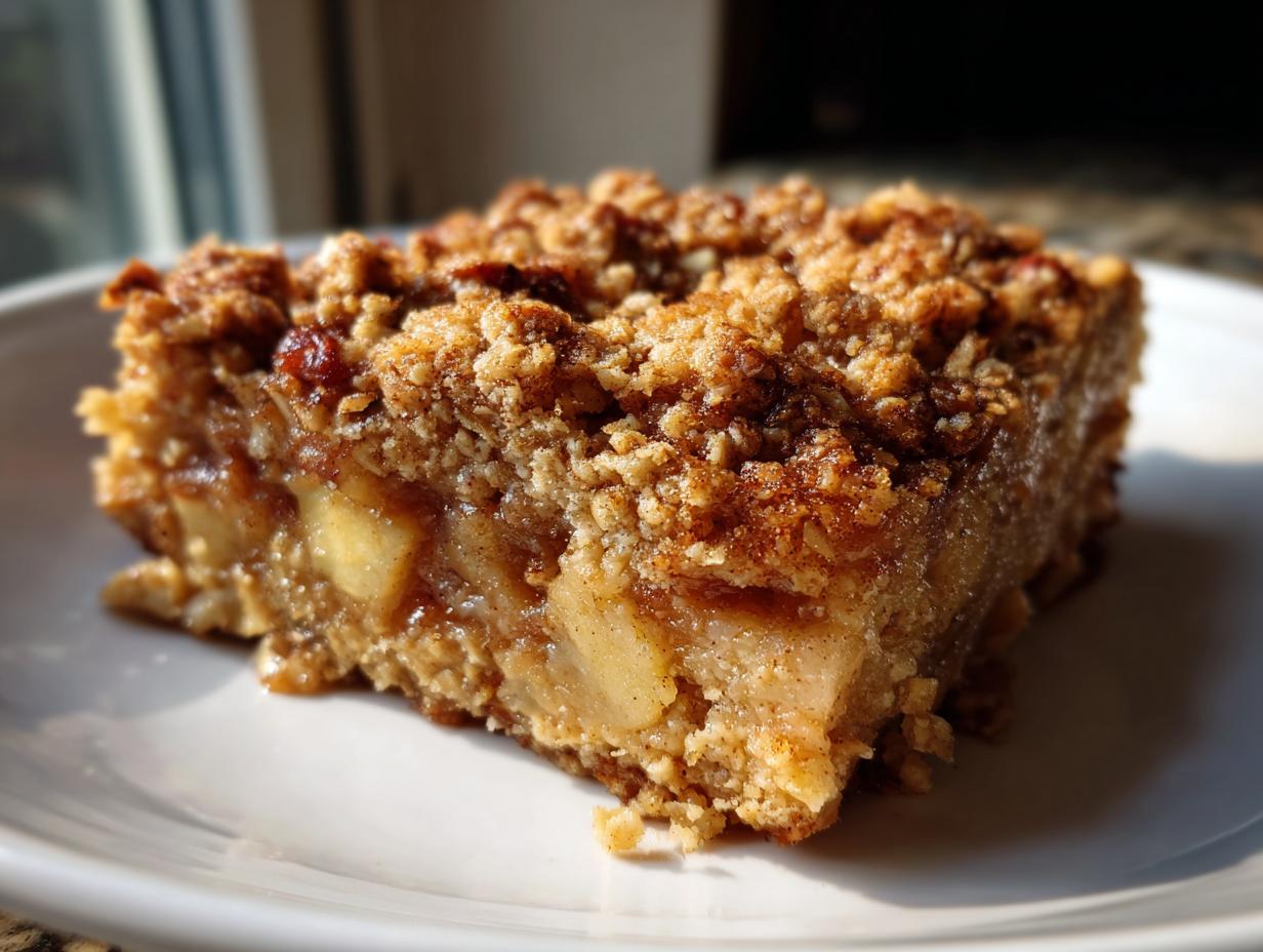 A tempting square of apple baked oatmeal featuring visible chunks of apple and a thick, crunchy cinnamon crumble topping.