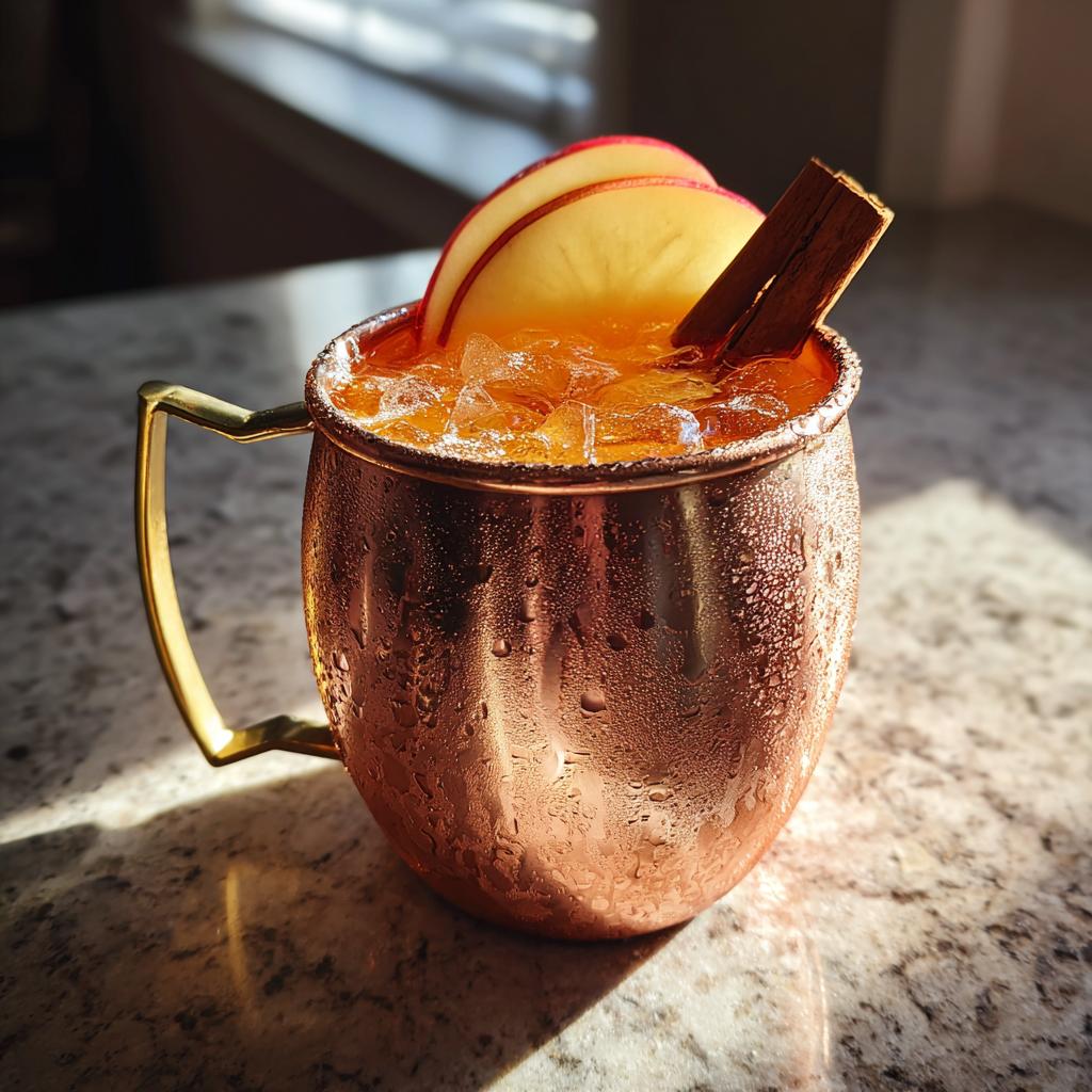 A refreshing apple cider moscow mule served in a frosty copper mug, garnished with apple slices and a cinnamon stick.