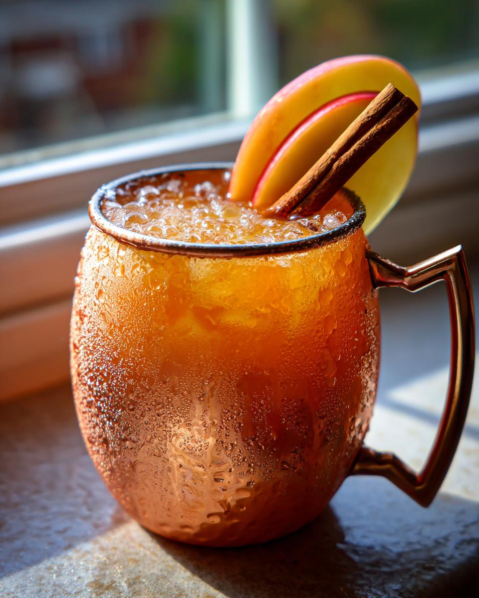 A frosty copper mug filled with an apple cider Moscow mule, garnished with apple slices and a cinnamon stick.