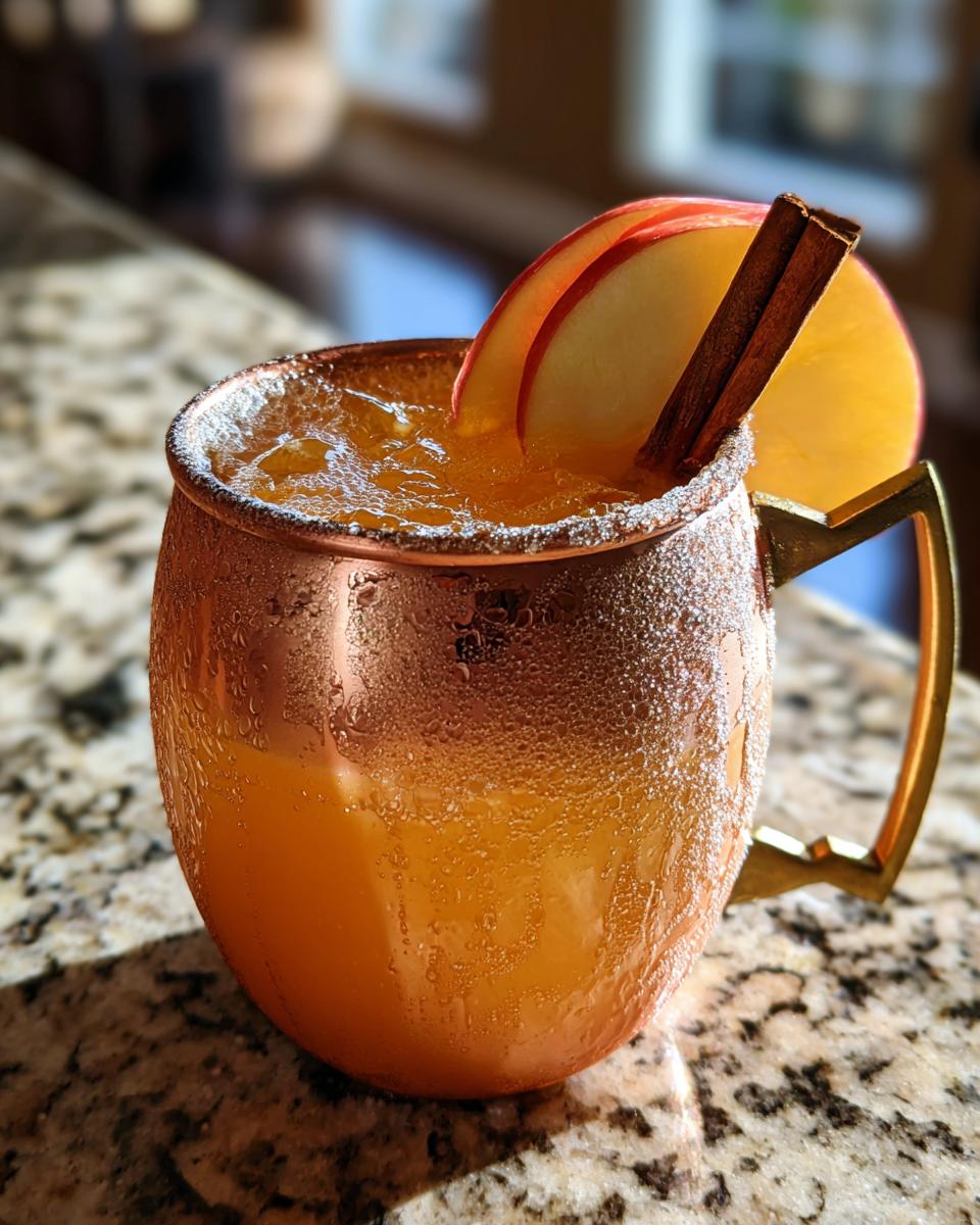 A frosty copper mug filled with a chilled apple cider Moscow mule, garnished with apple slices and a cinnamon stick.