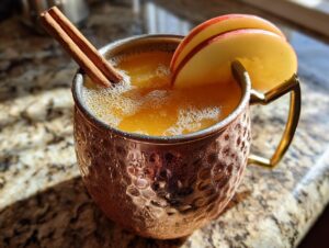 A frosty copper mug filled with a bubbly apple cider Moscow mule, garnished with apple slices and a cinnamon stick.