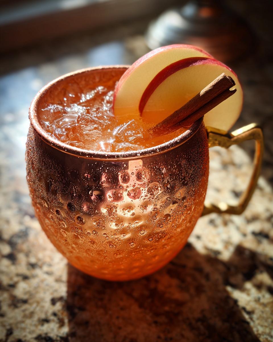 A frosty copper mug filled with a cold apple cider moscow mule, garnished with apple slices and a cinnamon stick.