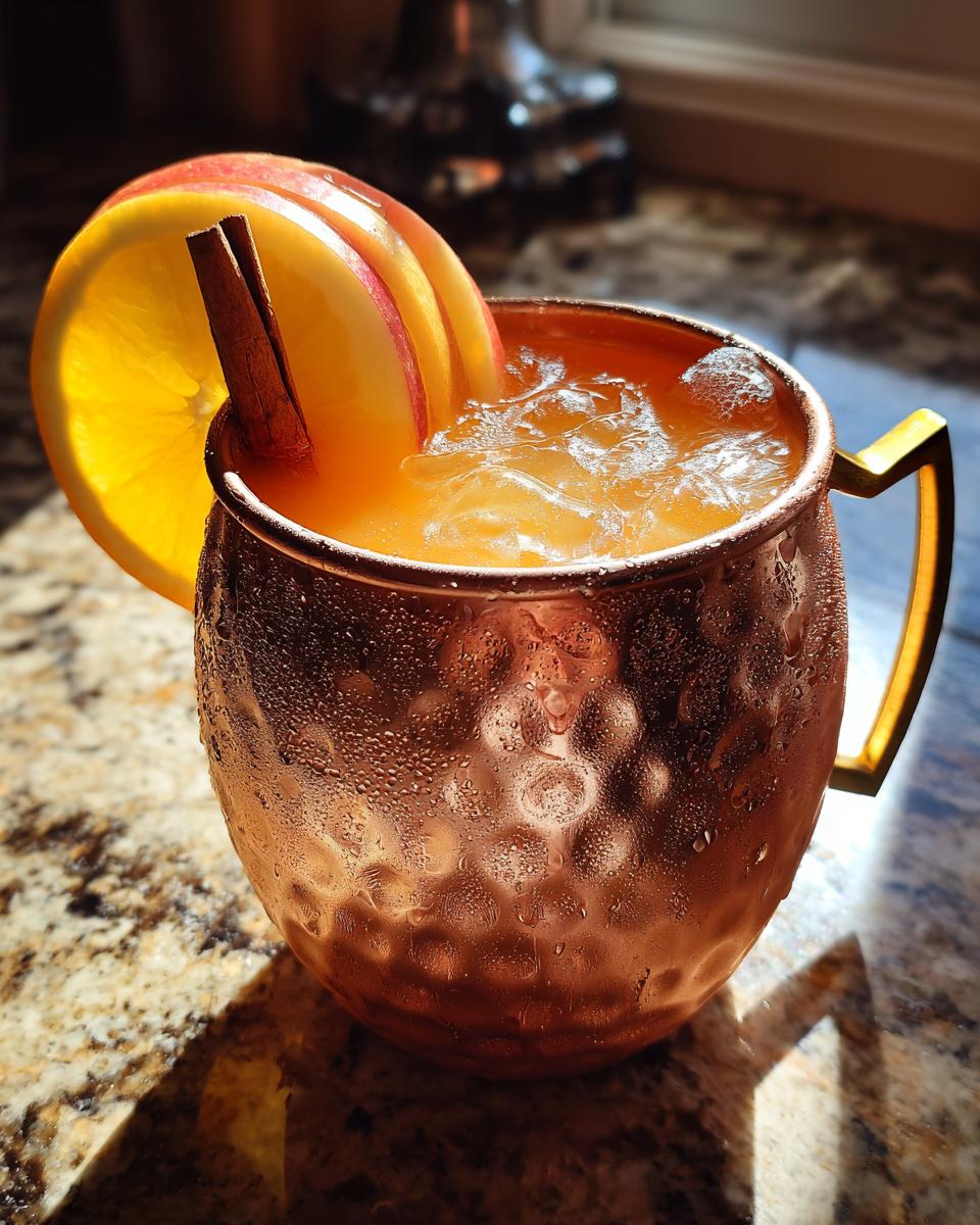 A frosty copper mug filled with an apple cider Moscow mule, garnished with an orange slice, apple slices, and a cinnamon stick.