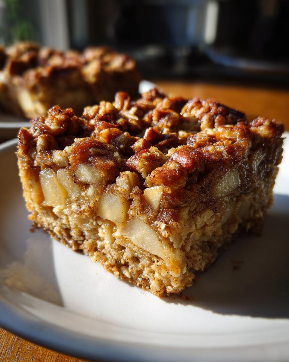 A close-up of a square slice of apple baked oatmeal with a crunchy pecan and cinnamon topping.
