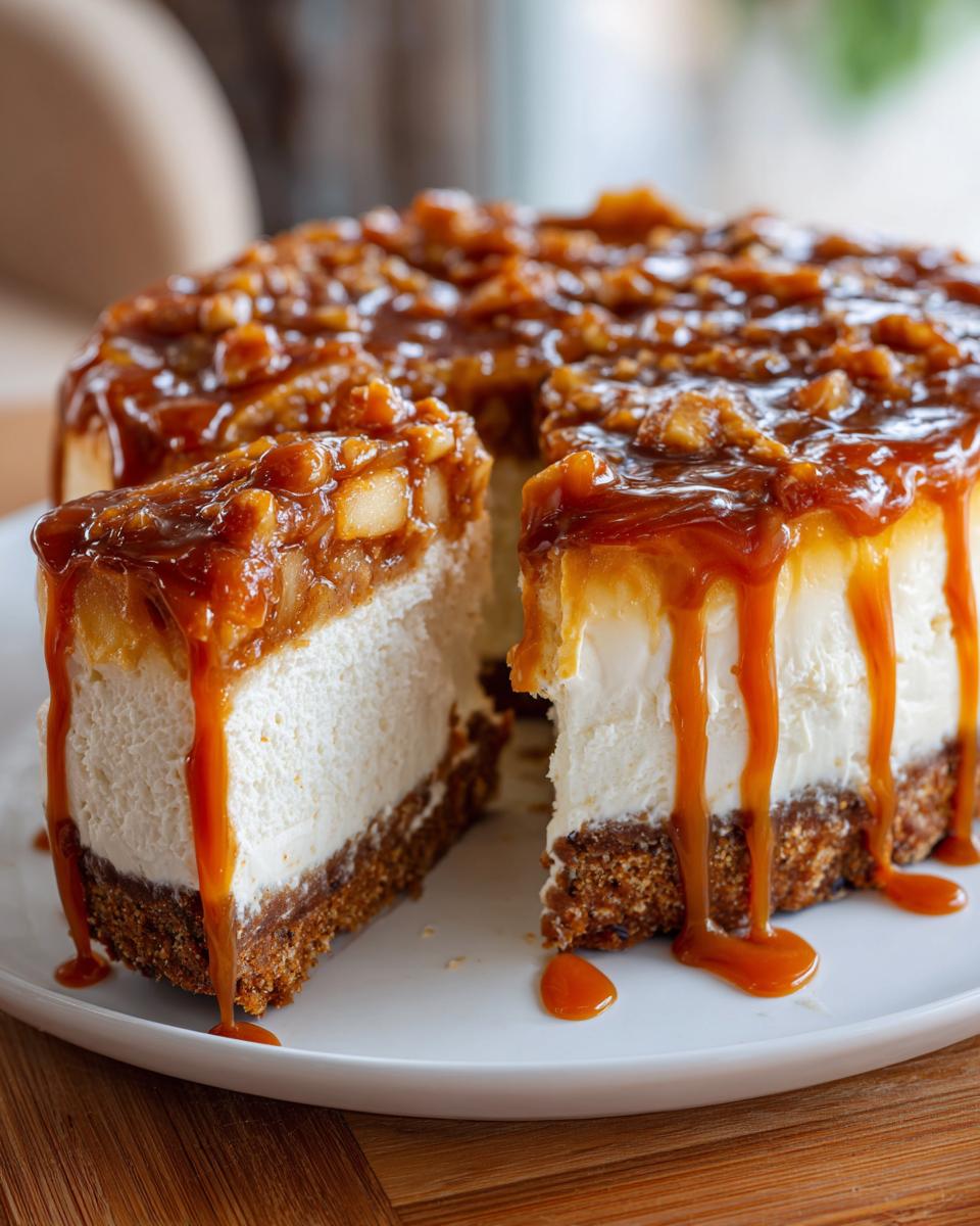 A decadent apple pie cheesecake with a thick graham cracker crust, creamy filling, and rich caramel apple topping.
