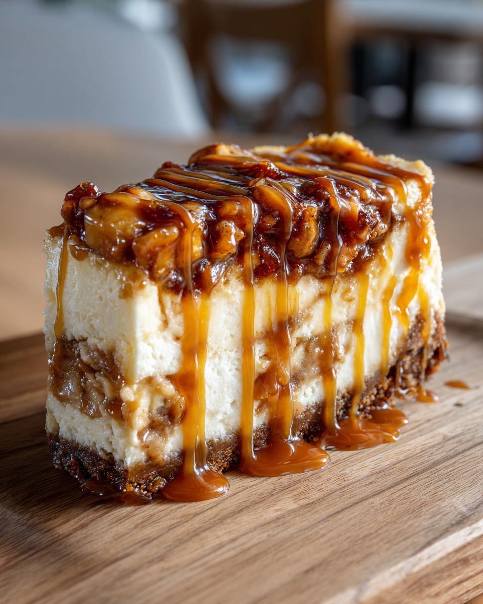 A thick slice of apple pie cheesecake topped with chunky apple filling and drizzled heavily with caramel sauce.
