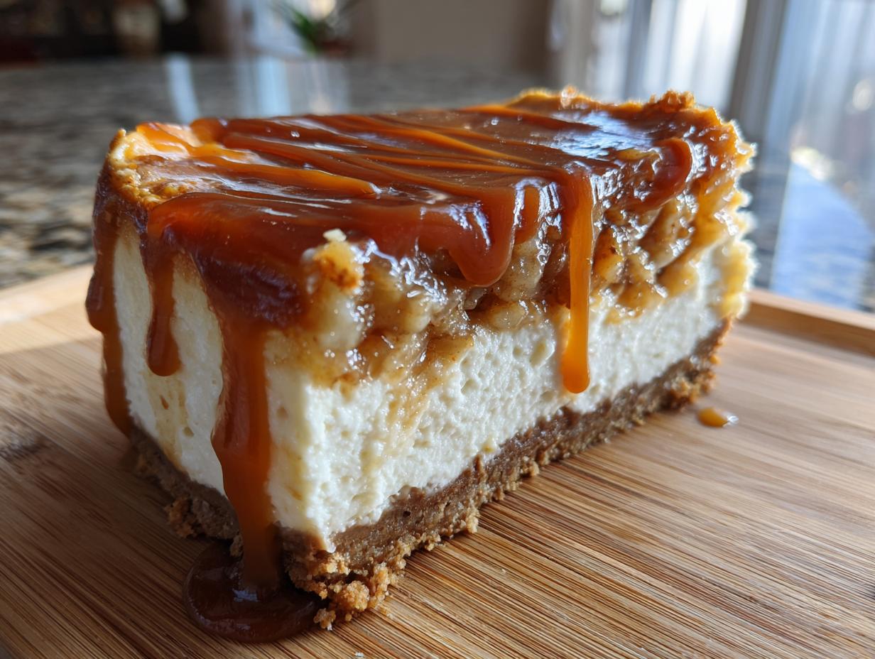 A decadent slice of apple pie cheesecake topped with chunky apple filling and rich caramel sauce dripping down the sides.