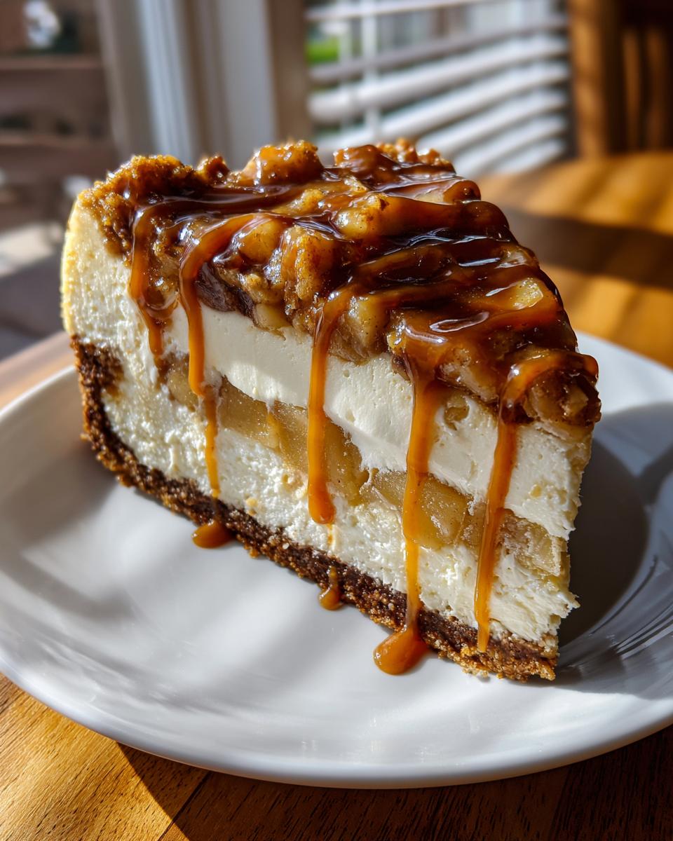 A decadent slice of apple pie cheesecake layered with cream cheese, apple filling, and topped with nuts and caramel sauce.