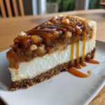 A thick slice of apple pie cheesecake with a graham cracker crust, topped with caramelized apples and drizzled with rich caramel sauce.