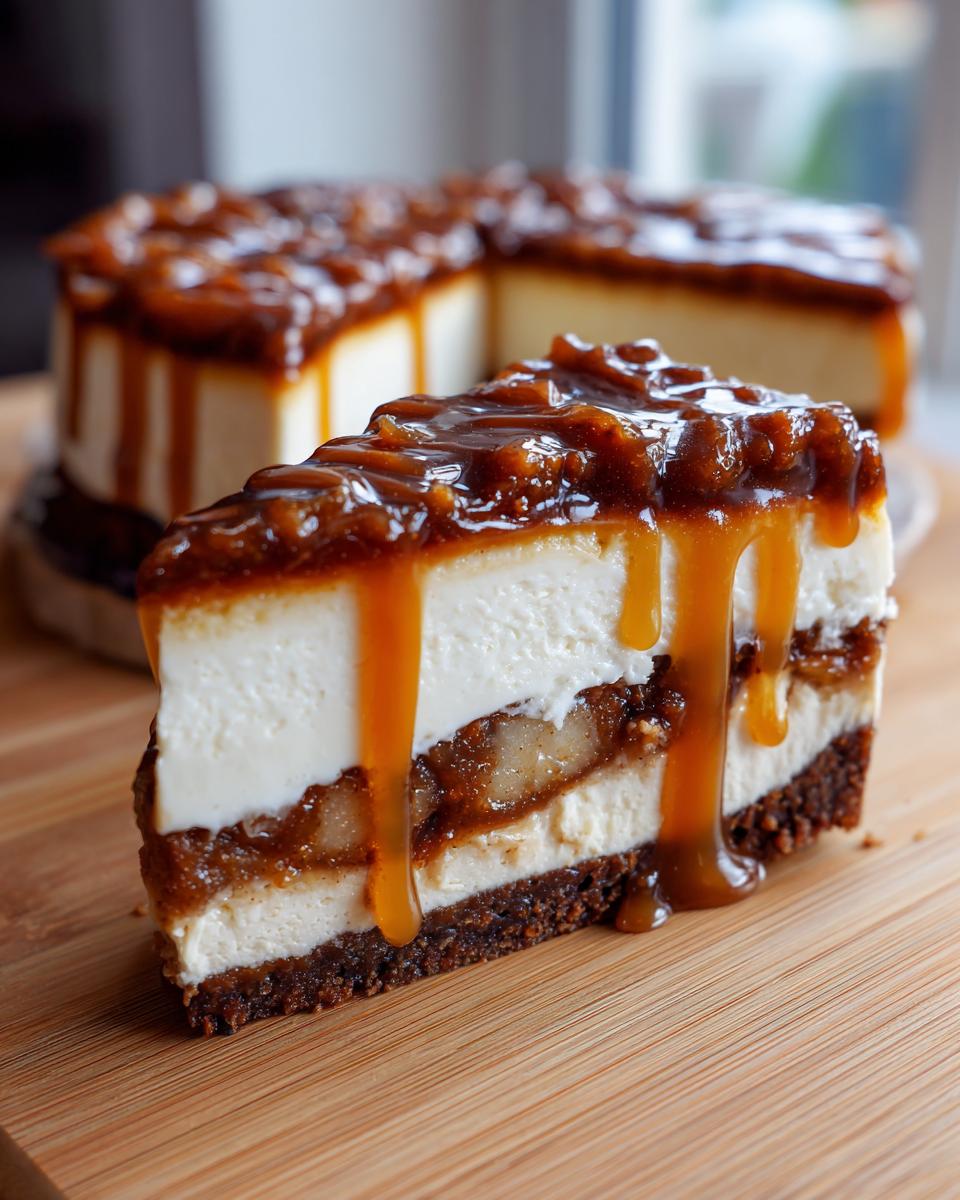 Close-up of a slice of apple pie cheesecake layered with filling and drizzled heavily with caramel sauce.