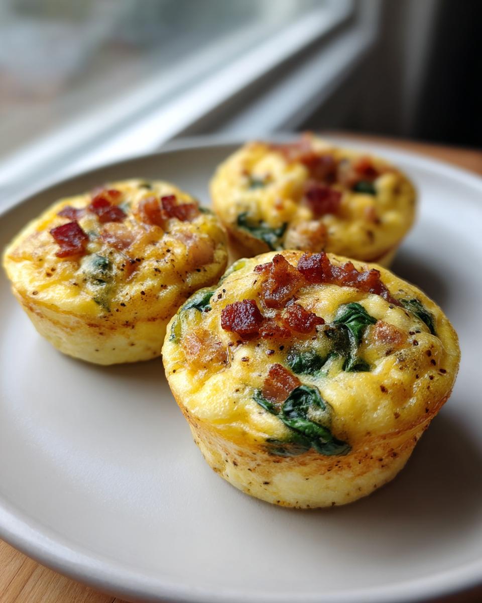 Three savory egg bites made with spinach and topped with crispy bacon, perfect for a quick egg breakfast.