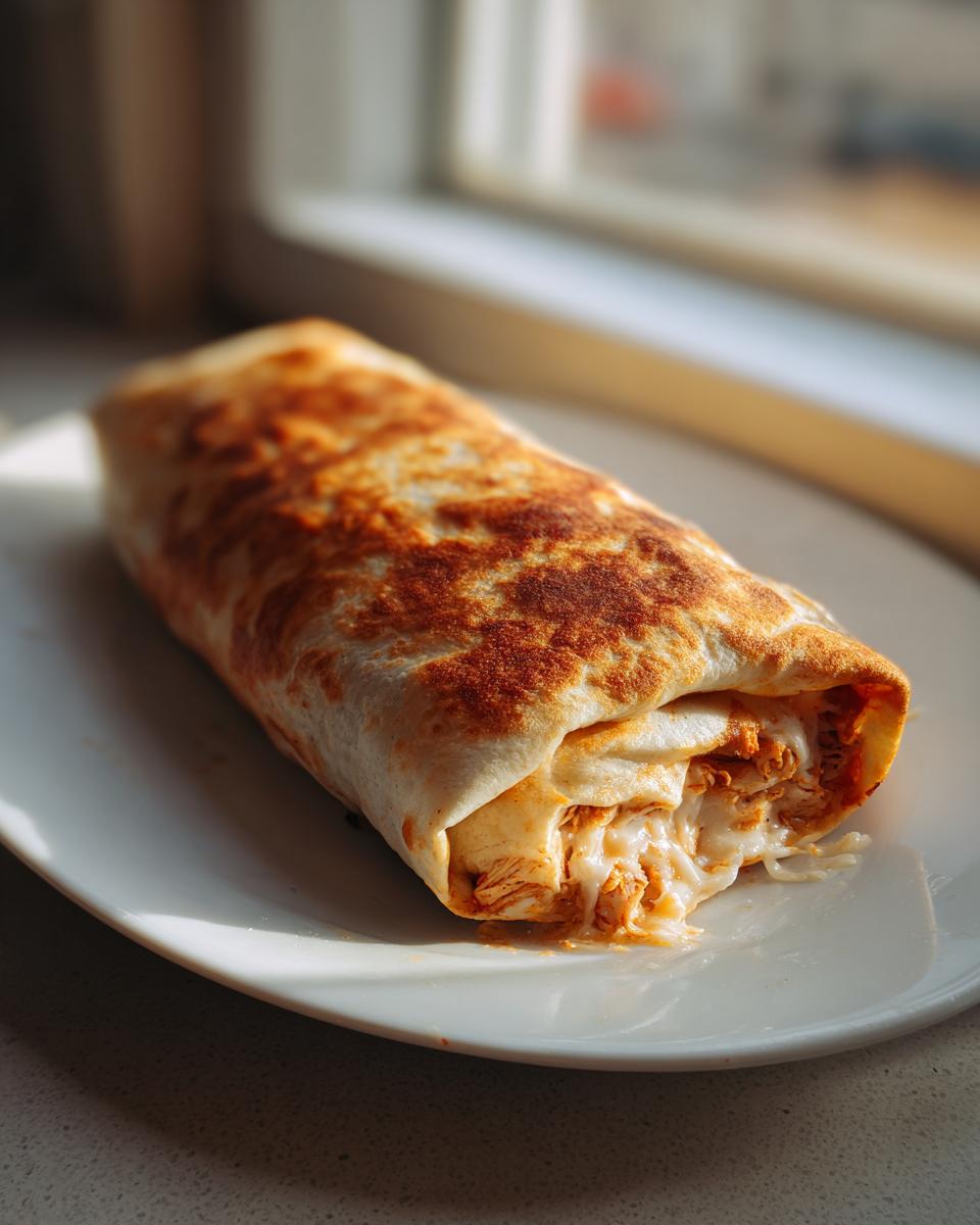 A single, golden-brown Baked Chicken Chimichanga served on a white plate, showing melted cheese spilling out.