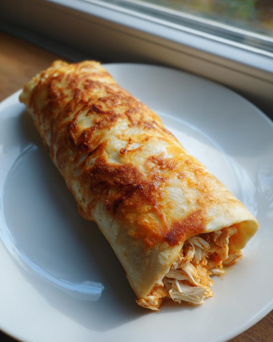 A single, golden-brown Baked Chicken Chimichanga, showing shredded chicken filling spilling out, served on a white plate.