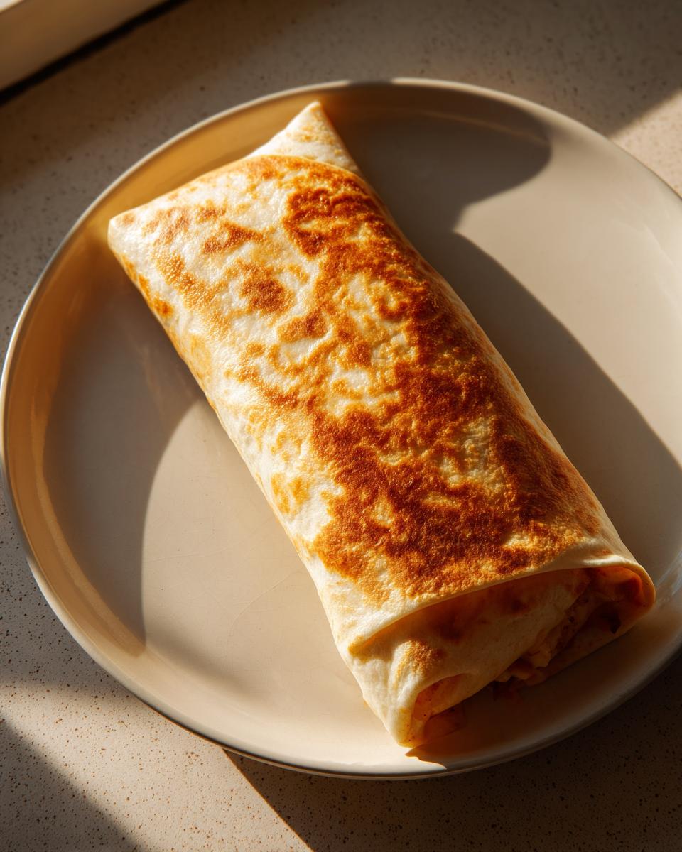 A single, golden-brown Baked Chicken Chimichanga resting on a light-colored plate, highlighted by strong sunlight.