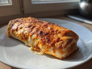 A single, golden-brown Baked Chicken Chimichanga topped with melted, slightly browned cheese, resting on a white plate.