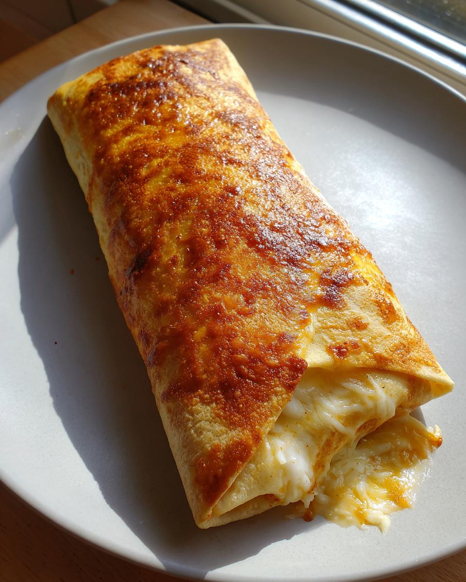 A golden brown, baked chicken chimichanga served on a light gray plate with melted cheese oozing out the end.