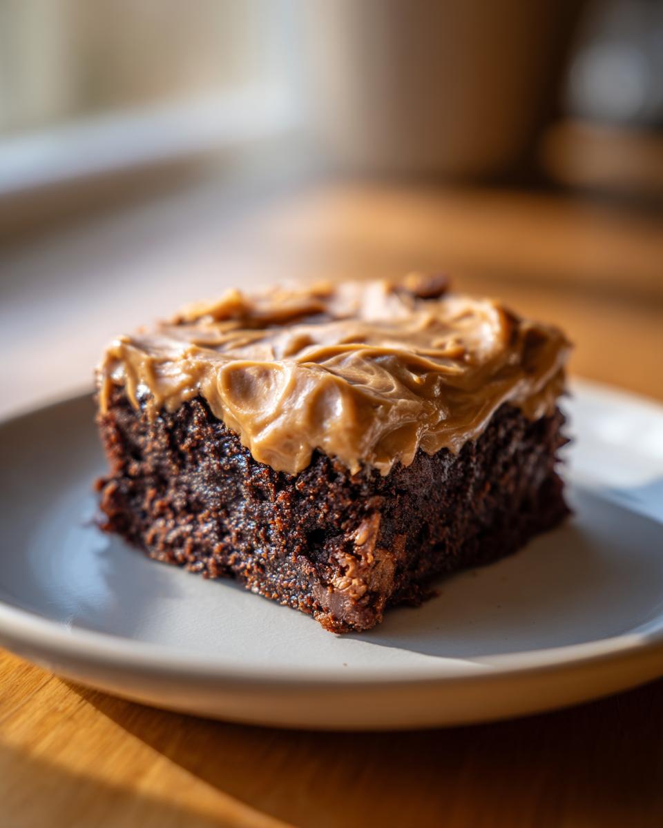 A single square of rich, dark banana bread brownies topped with thick, swirled peanut butter frosting.