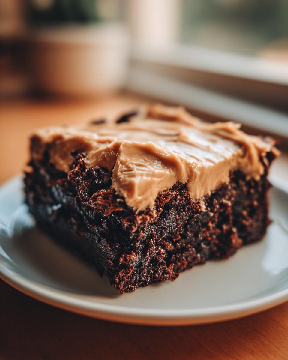 Close-up of a fudgy banana bread brownies square topped with thick peanut butter frosting on a white plate.