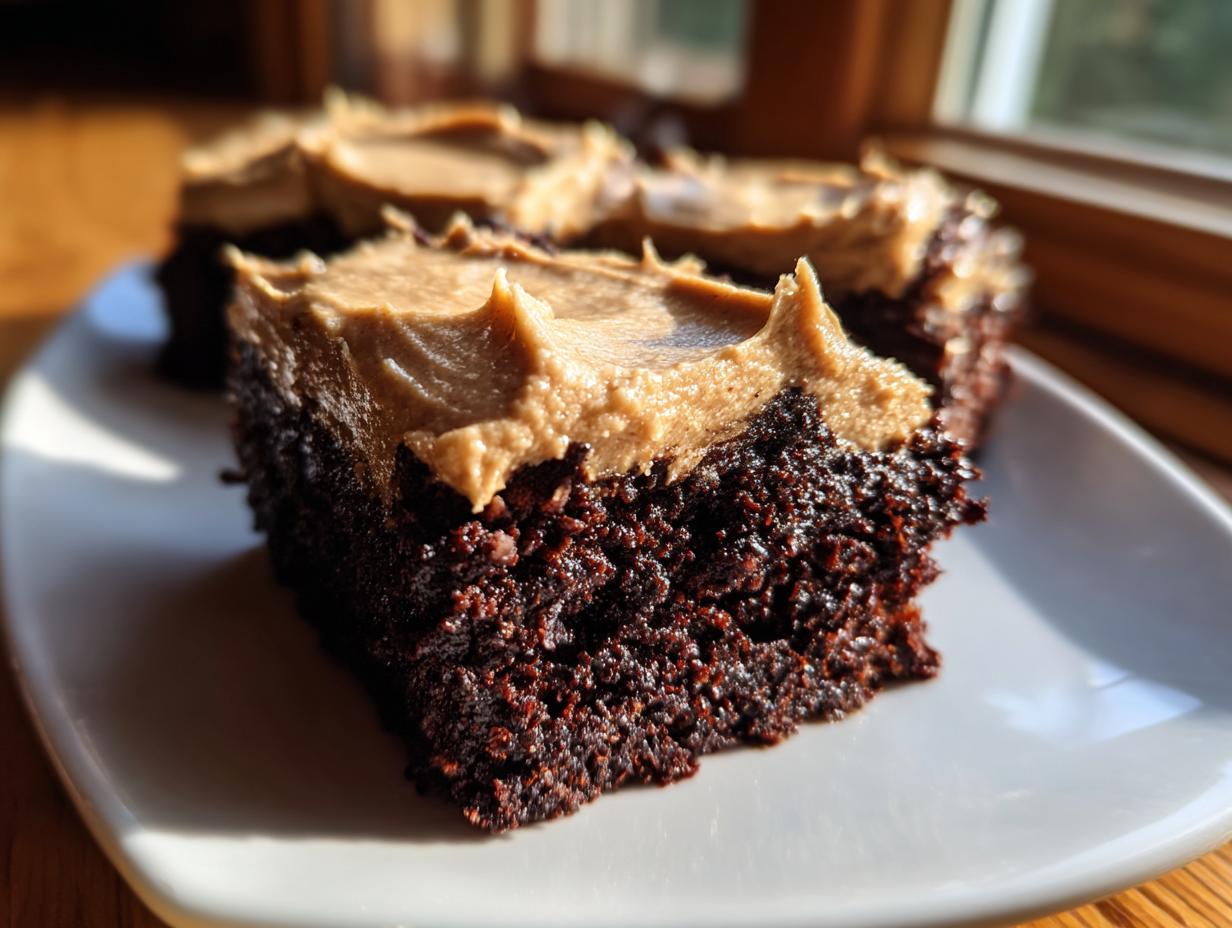 Close-up of a rich, dark chocolate banana bread brownies square topped with thick peanut butter frosting.