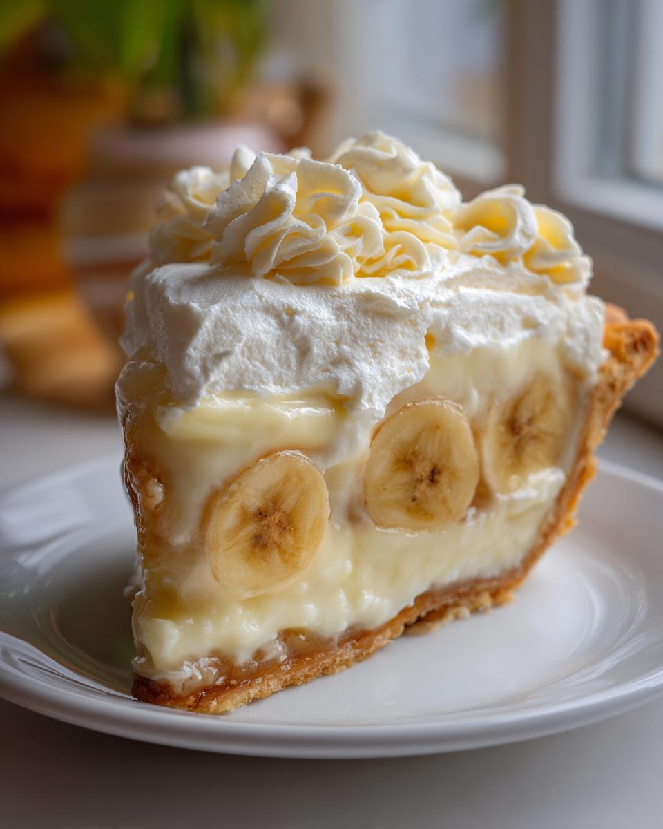 A tall slice of rich banana cream pie showing layers of crust, custard, banana slices, and topped with piped whipped cream.