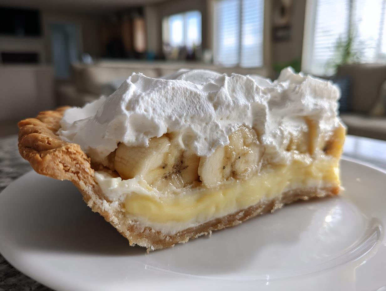 A generous slice of banana cream pie showing a thick layer of custard, sliced bananas, and a tall topping of whipped cream.