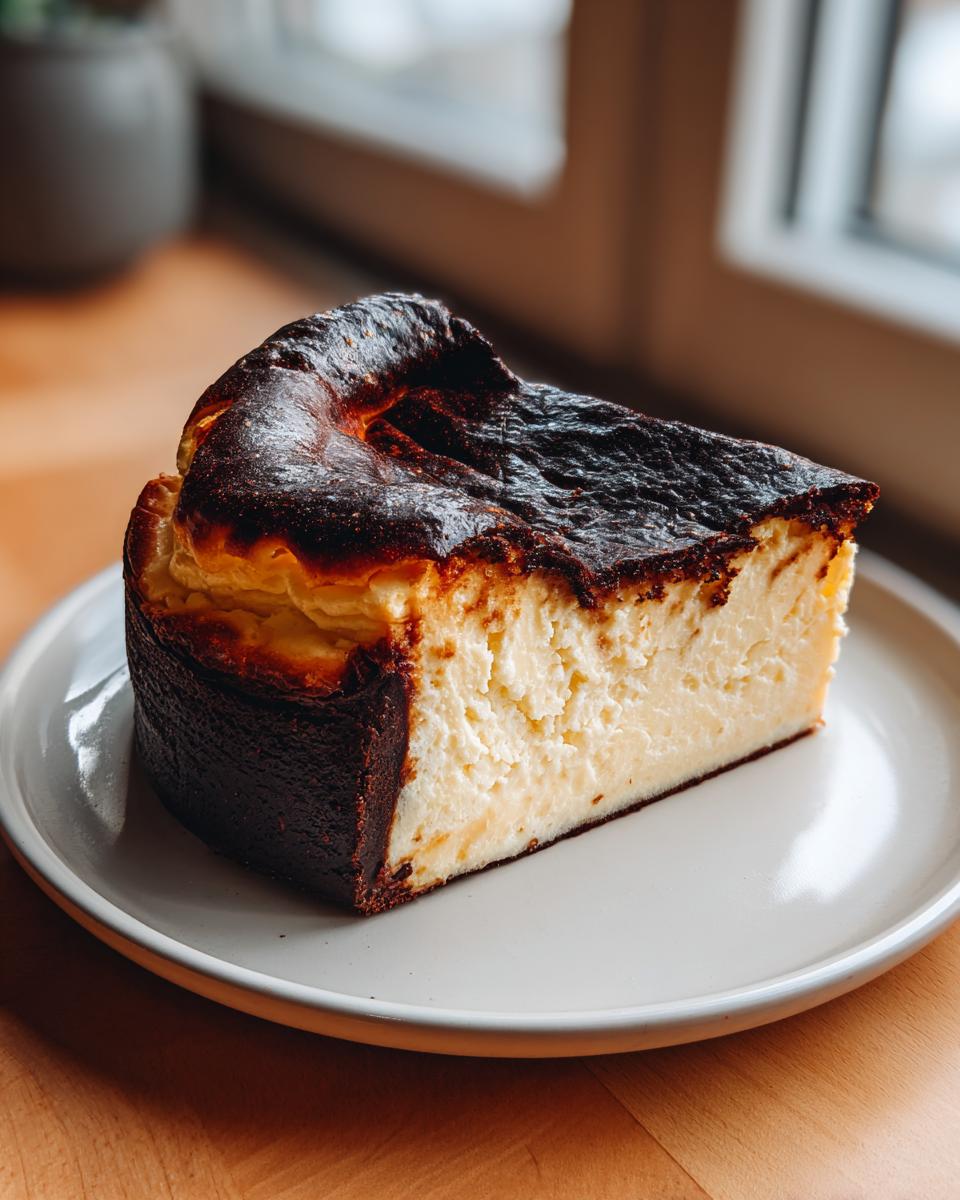 A thick slice of Basque burnt cheesecake showing its creamy interior and signature dark, caramelized top.